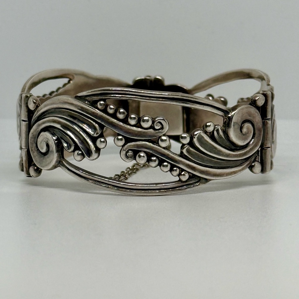 Margot de Taxco Sterling Silver Elegant Hinged Cuff Waves Bracelet